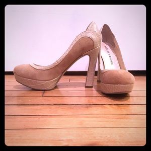 Audrey Brooke Tan Suede Snake Skin Platform Heels